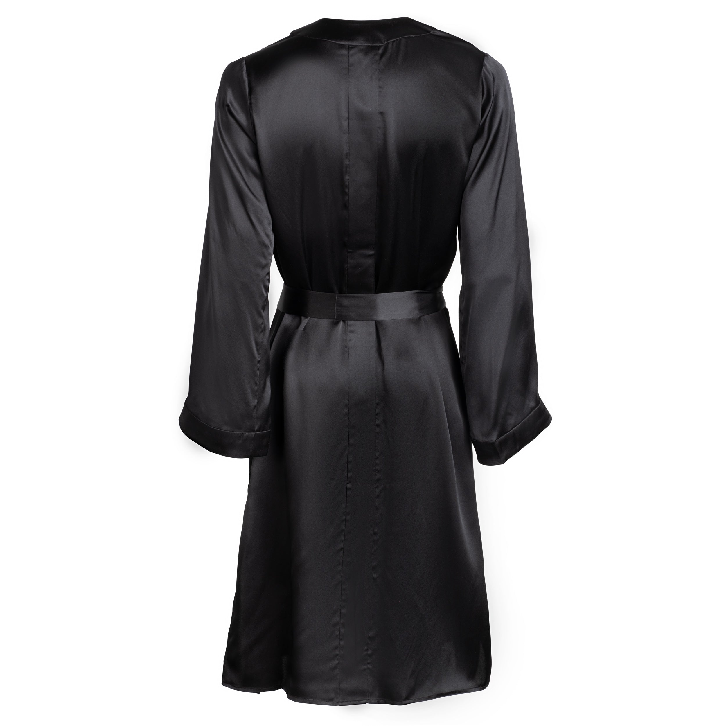 made in the softest washed silk charmeuse, this hidden button front night dress can be worn as a robe or shirtdress , in and outside of the boudoir belt loop is subtly and discretely hidden behind the back placket complete with resting pockets wear with a je mérite coordinating bottom or chemise soft collar v-neck neckline subtle slits at sides removable belt sensual fit midi length washed 100% silk charmeuse designed in new york city, new york made in new york city, new york