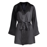 made in the softest washed silk charmeuse, this hidden button front shirt dress can be worn as a robe, pajama top or shirtdress, in and outside of the boudoir belt loop is subtly and discretely hidden behind the back placket complete with resting pockets wear with a je mérite coordinating bottom or chemise soft collar v-neck neckline subtle slits at sides removable belt sensual fit mini length washed 100% silk charmeuse designed in new york city, new york made in new york city, new york