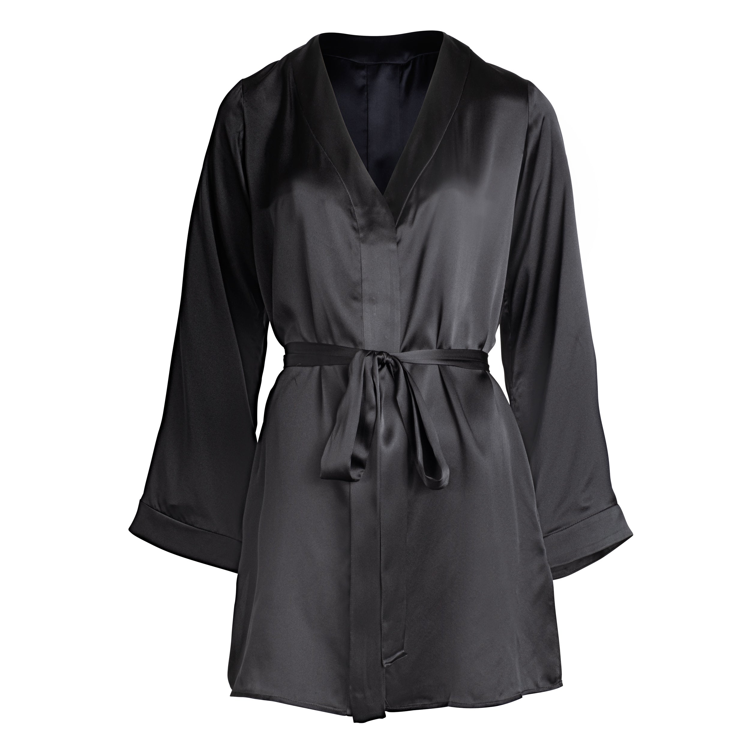 made in the softest washed silk charmeuse, this hidden button front shirt dress can be worn as a robe, pajama top or shirtdress, in and outside of the boudoir belt loop is subtly and discretely hidden behind the back placket complete with resting pockets wear with a je mérite coordinating bottom or chemise soft collar v-neck neckline subtle slits at sides removable belt sensual fit mini length washed 100% silk charmeuse designed in new york city, new york made in new york city, new york