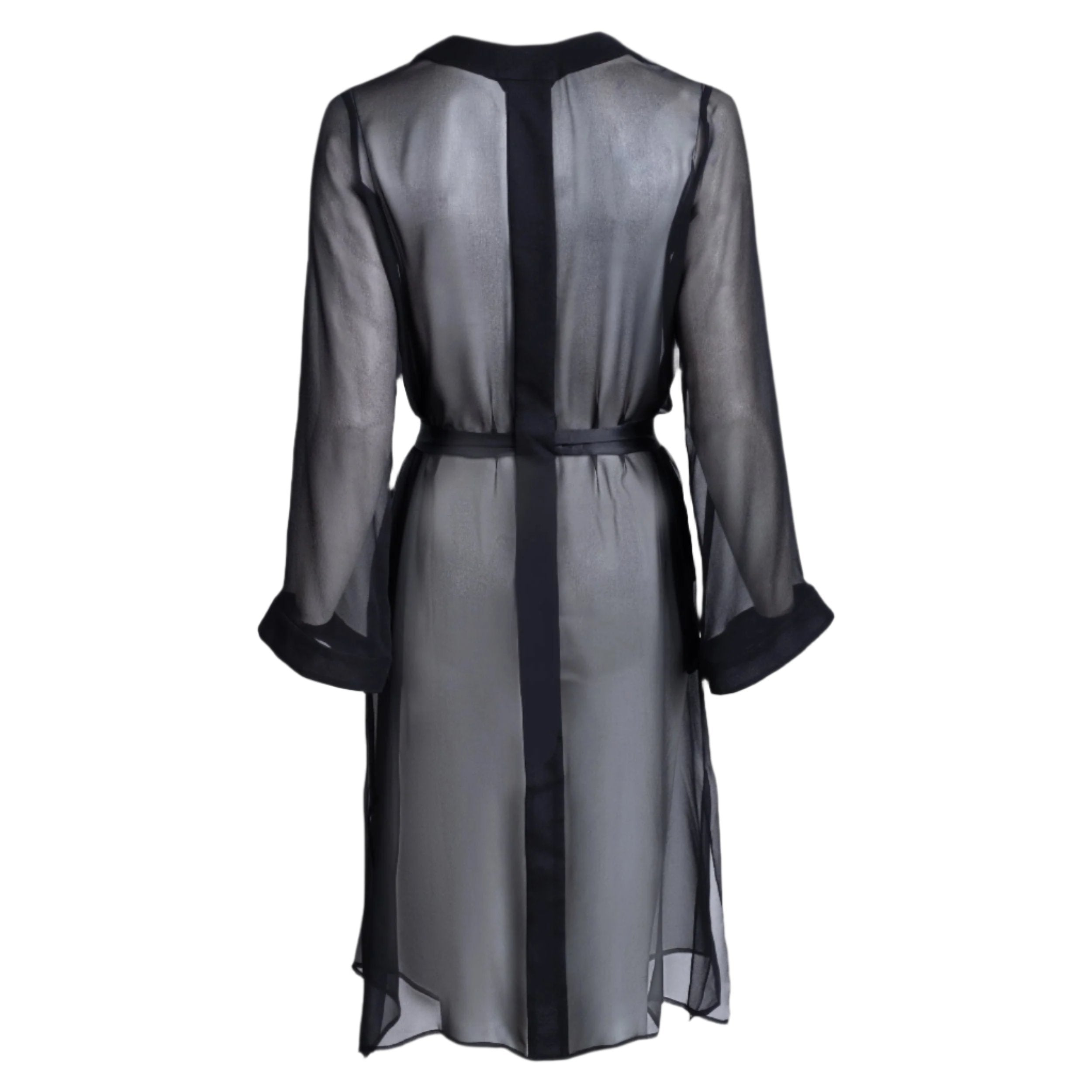 made from silk chiffon, this hidden button front nightdress can be worn open or fully buttoned, in and outside of the boudoir as a robe or a shirtdress (shirt dress) belt loop is subtly and discretely hidden behind the back placket complete with resting pockets wear with a je mérite coordinating bottom or chemise soft collar v-neck neckline subtle slits at sides sensual fit midi length 100% silk chiffon designed in new york city, new york made in new york city, new york