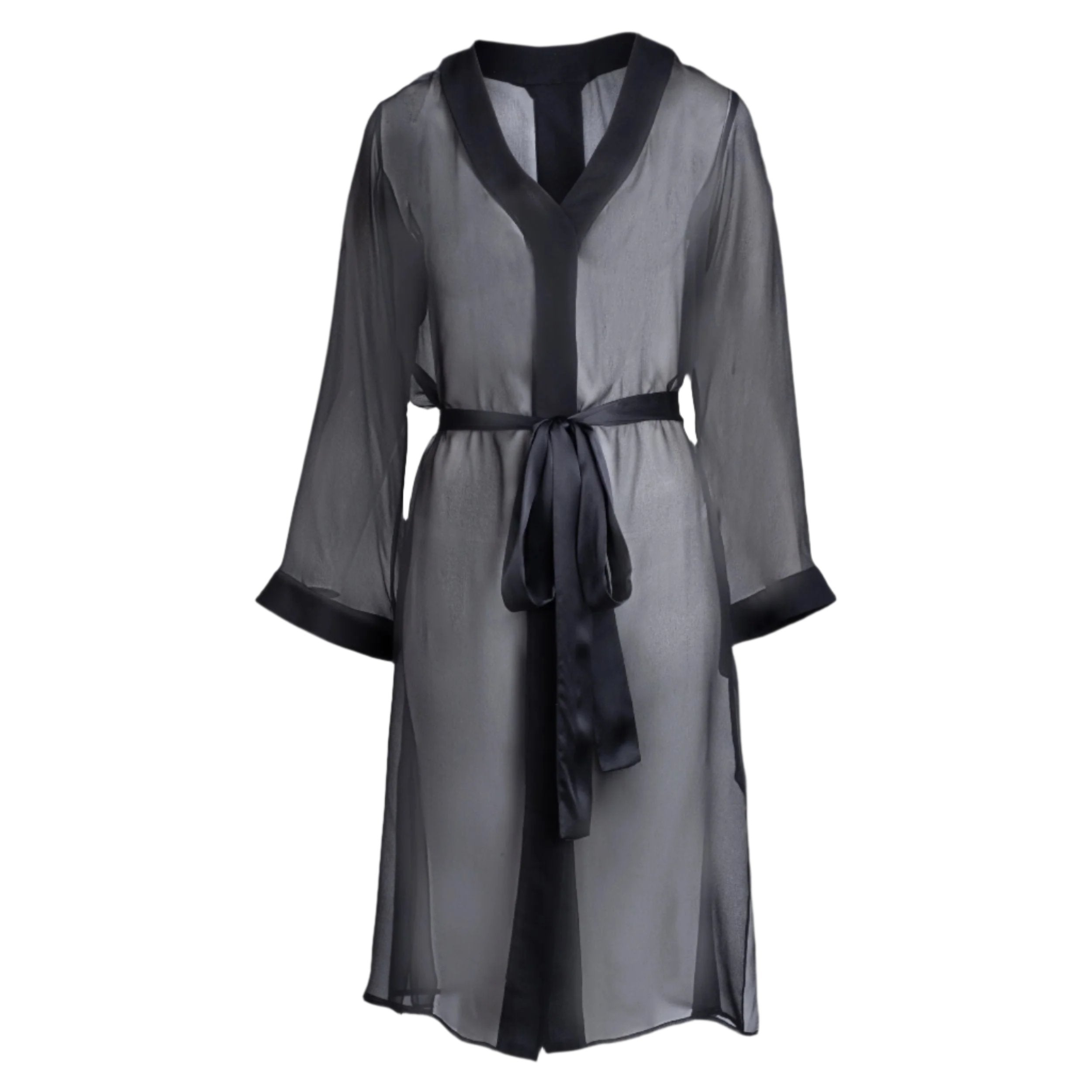 made from silk chiffon, this hidden button front nightdress can be worn open or fully buttoned, in and outside of the boudoir as a robe or a shirtdress (shirt dress) belt loop is subtly and discretely hidden behind the back placket complete with resting pockets wear with a je mérite coordinating bottom or chemise soft collar v-neck neckline subtle slits at sides sensual fit midi length 100% silk chiffon designed in new york city, new york made in new york city, new york