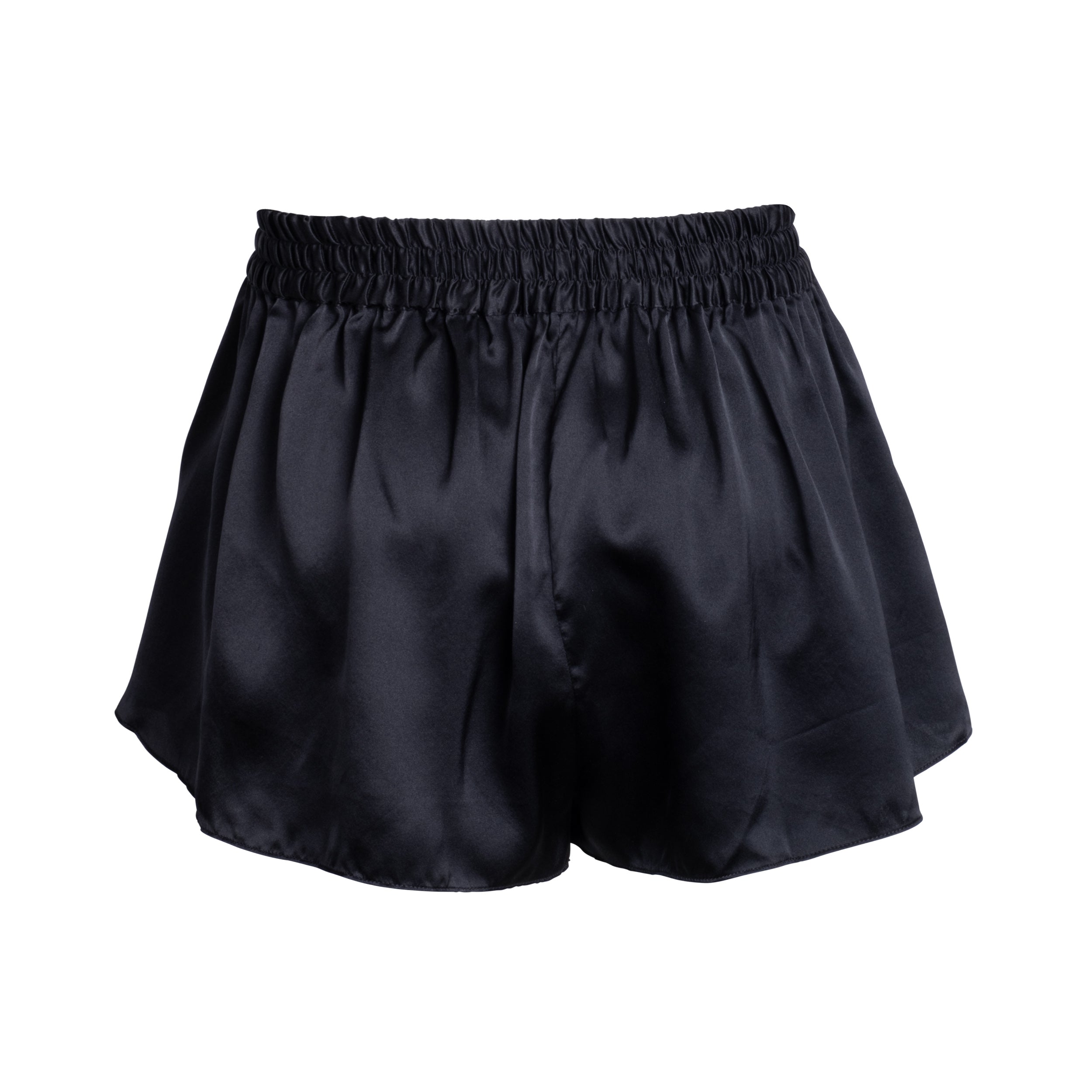 made in the softest washed silk charmeuse, this pleated short has an elastic waistband and drawstring closure wear with a je mérite coordinating top or your favorite lingerie wide elastic waist with drawstring closure sits at natural waist side slits slightly longer at the back sensual fit washed 100% silk charmeuse designed in new york city, new york made in new york city, new york size details - available in 0/2-20/22