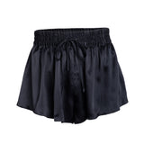 made in the softest washed silk charmeuse, this pleated short has an elastic waistband and drawstring closure wear with a je mérite coordinating top or your favorite lingerie wide elastic waist with drawstring closure sits at natural waist side slits slightly longer at the back sensual fit washed 100% silk charmeuse designed in new york city, new york made in new york city, new york size details - available in 0/2-20/22