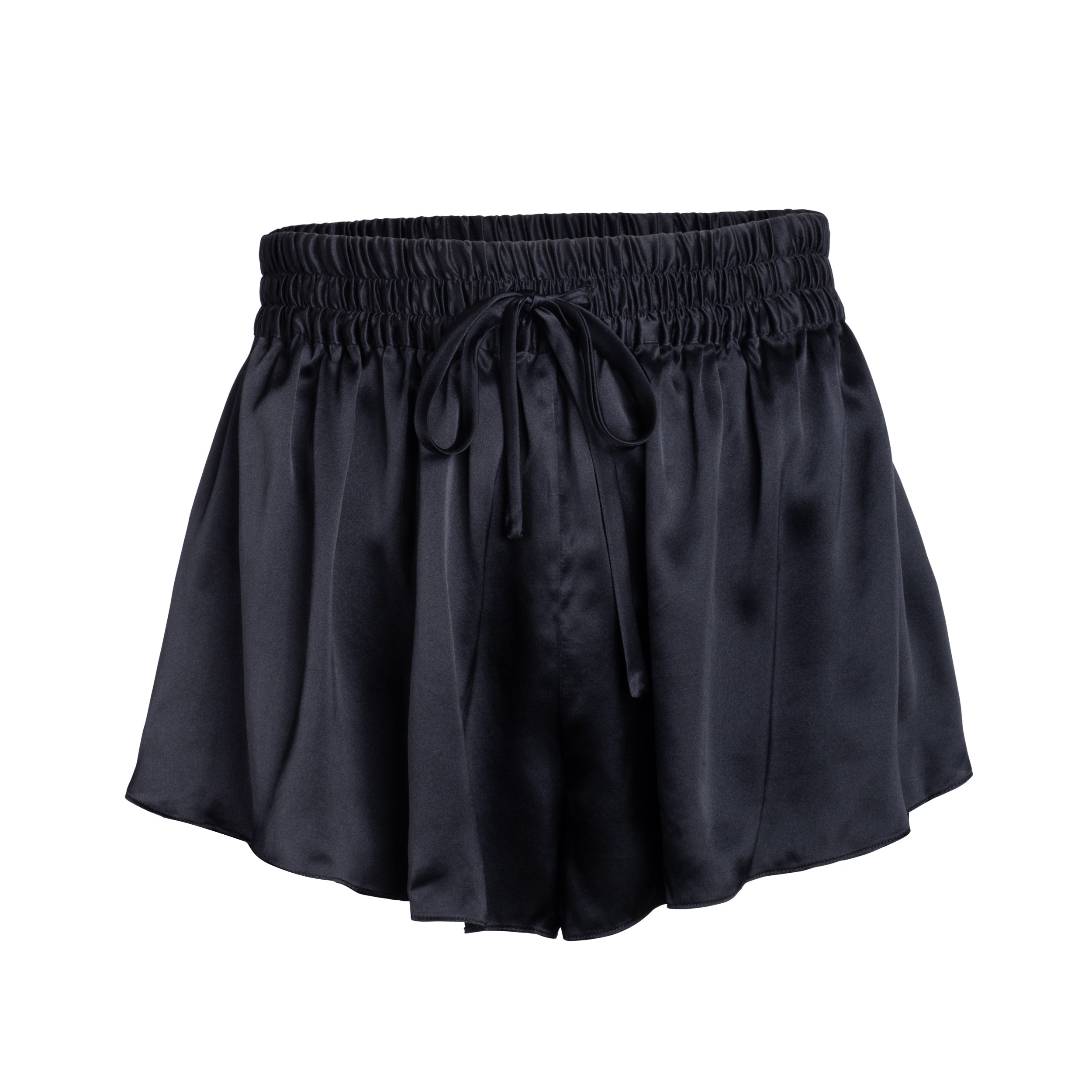 made in the softest washed silk charmeuse, this pleated short has an elastic waistband and drawstring closure wear with a je mérite coordinating top or your favorite lingerie wide elastic waist with drawstring closure sits at natural waist side slits slightly longer at the back sensual fit washed 100% silk charmeuse designed in new york city, new york made in new york city, new york size details - available in 0/2-20/22