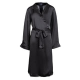 made in the softest washed silk charmeuse, this double-breasted wrap robe has long bell sleeves wear barefoot, with a soft fuzzy slipper for a night in, or a strappy heel for a night on the town soft collar wrap belt (not removable) relaxed fit midi length washed 100% silk charmeuse designed in new york city, new york made in new york city, new york size details - available in 0/2-20/22