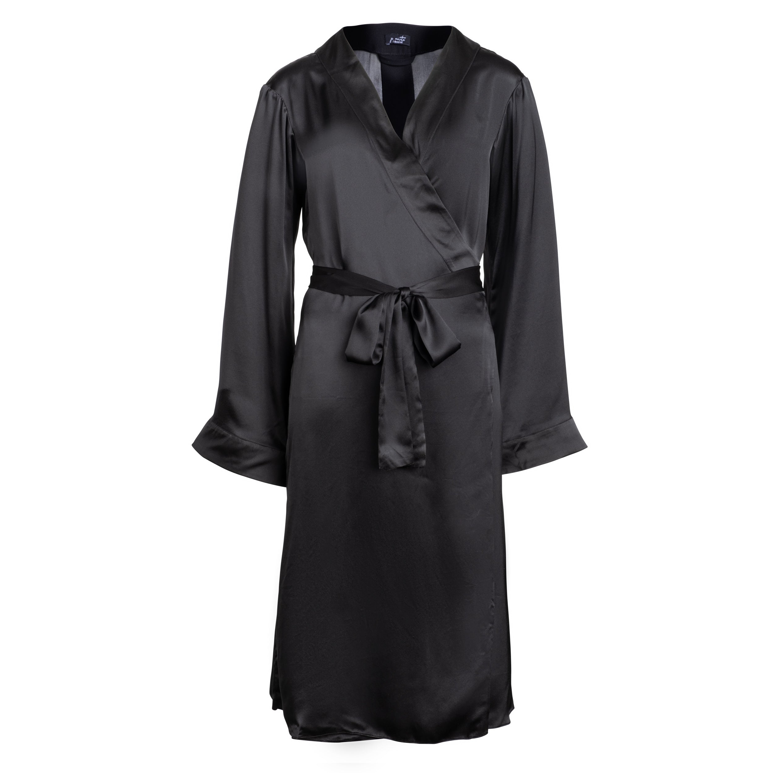 made in the softest washed silk charmeuse, this double-breasted wrap robe has long bell sleeves wear barefoot, with a soft fuzzy slipper for a night in, or a strappy heel for a night on the town soft collar wrap belt (not removable) relaxed fit midi length washed 100% silk charmeuse designed in new york city, new york made in new york city, new york size details - available in 0/2-20/22