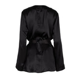 wear as a duster or a wrap robe wear as soft suiting, mini dress, blazer dress slits at either side for access to pockets made in the softest washed silk charmeuse wear barefoot, with a soft fuzzy slipper for a night in, or a strappy heel for a night on the town soft collar belt (removable at hidden back loop) relaxed fit mini length washed 100% silk charmeuse designed in new york city, new york made in new york city, new york size details - available in 0/2-20/22