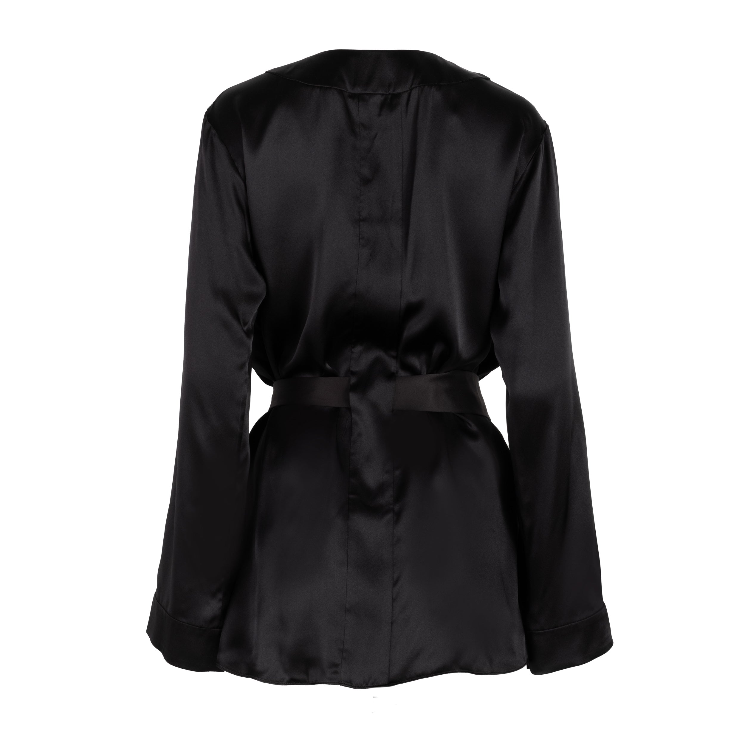 wear as a duster or a wrap robe wear as soft suiting, mini dress, blazer dress slits at either side for access to pockets made in the softest washed silk charmeuse wear barefoot, with a soft fuzzy slipper for a night in, or a strappy heel for a night on the town soft collar belt (removable at hidden back loop) relaxed fit mini length washed 100% silk charmeuse designed in new york city, new york made in new york city, new york size details - available in 0/2-20/22