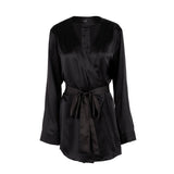 wear as a duster or a wrap robe wear as soft suiting, mini dress, blazer dress slits at either side for access to pockets made in the softest washed silk charmeuse wear barefoot, with a soft fuzzy slipper for a night in, or a strappy heel for a night on the town soft collar belt (removable at hidden back loop) relaxed fit mini length washed 100% silk charmeuse designed in new york city, new york made in new york city, new york size details - available in 0/2-20/22