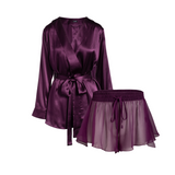 lola silk short robe & donna silk chiffon short in aubergine