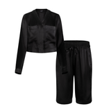 lola cropped silk sleep shirt & bermuda short set in noire