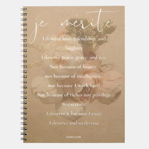 cover printed with logo and “i deserve” mantra written by our founder, tamara charese dimensions: 6.5" x 8.75" 80 black and white lined pages college ruled lay flat spiral binding