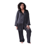 silk shirt dress and tuxedo pant set in noire