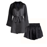 silk shirt dress and short set in noire