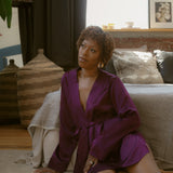 LOLA SILK SHORT ROBE & DONNA SILK CHIFFON TAP SHORT SET IN AUBERGINE