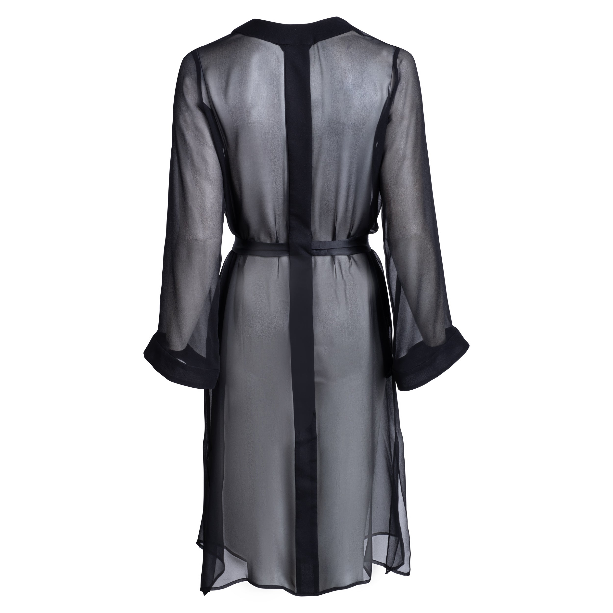 made from silk chiffon, this hidden button front nightdress can be worn open or fully buttoned, in and outside of the boudoir as a robe or a shirtdress (shirt dress)  belt loop is subtly and discretely hidden behind the back placket  complete with resting pockets  wear with a je mérite coordinating bottom or chemise  soft collar v-neck neckline subtle slits at sides sensual fit midi length  100% silk chiffon  designed in new york city, new york made in new york city, new york