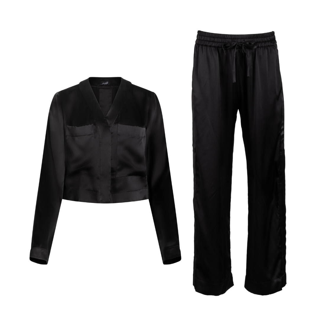 LOLA SILK CROPPED SHIRT DRESS & TUXEDO PANT SET IN NOIRE