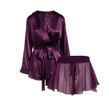 LOLA SILK SHORT ROBE & DONNA SILK CHIFFON TAP SHORT SET IN AUBERGINE