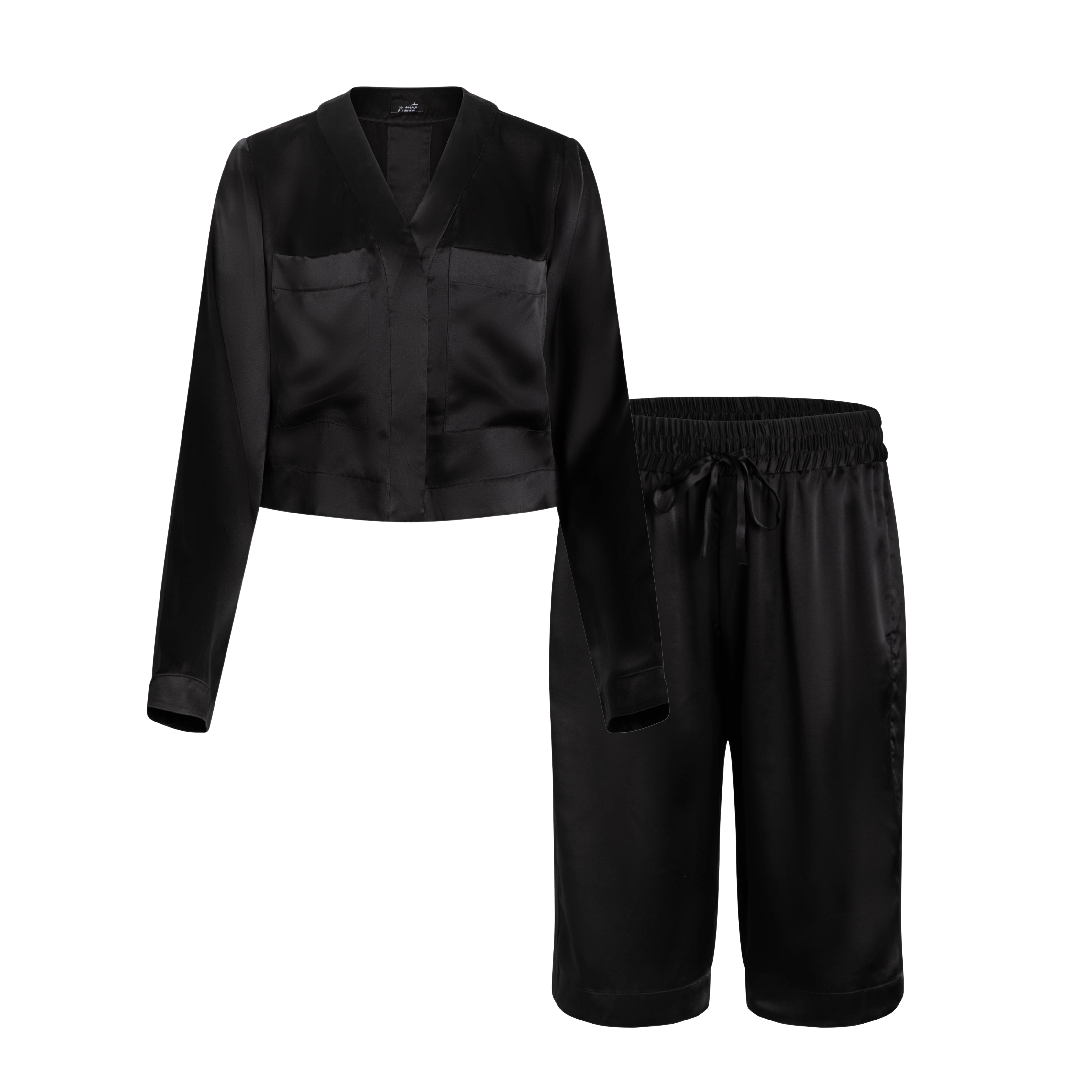 LOLA CROPPED SILK SLEEP SHIRT & BERMUDA SHORT SET IN NOIRE