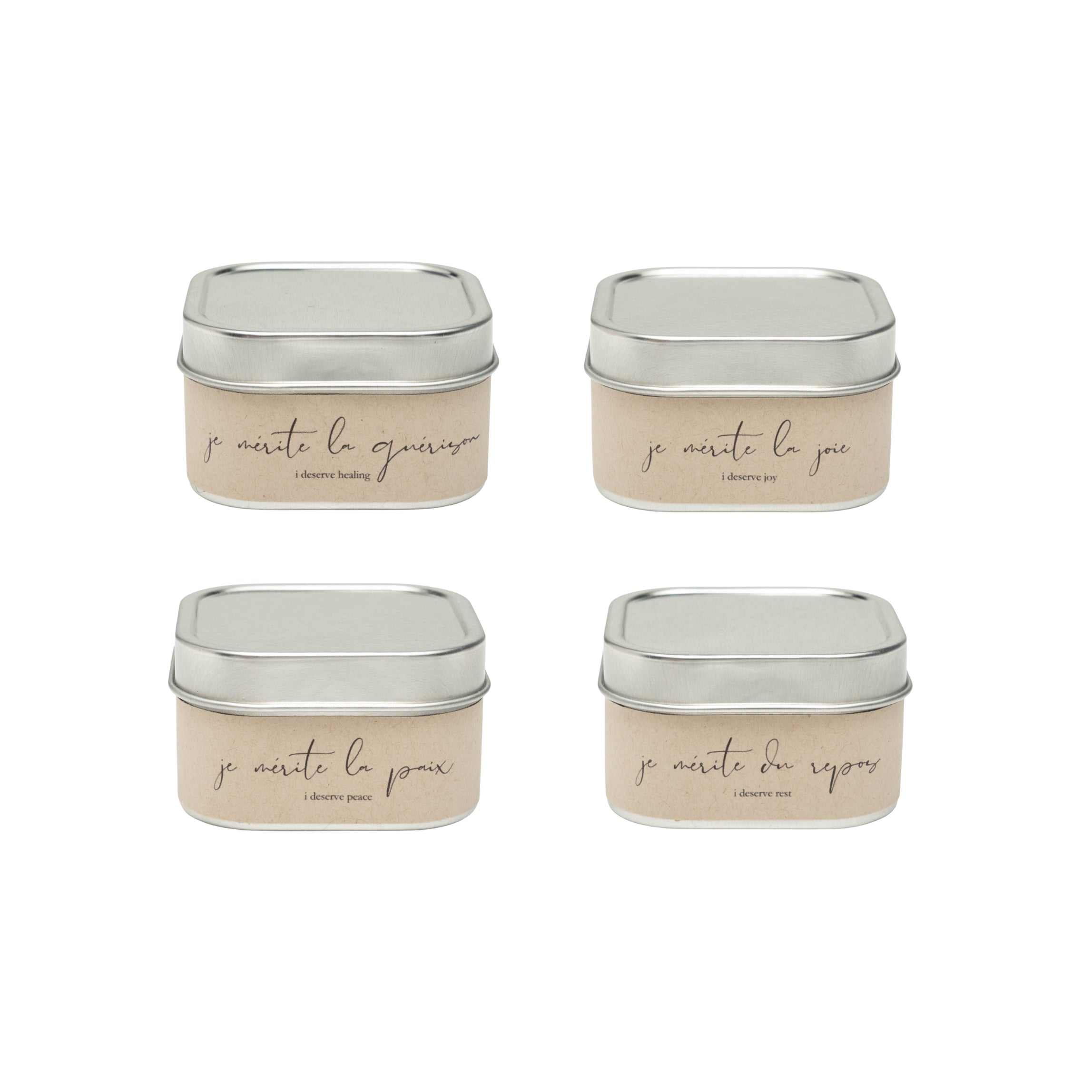 Four square metal tins with beige labels on a white background