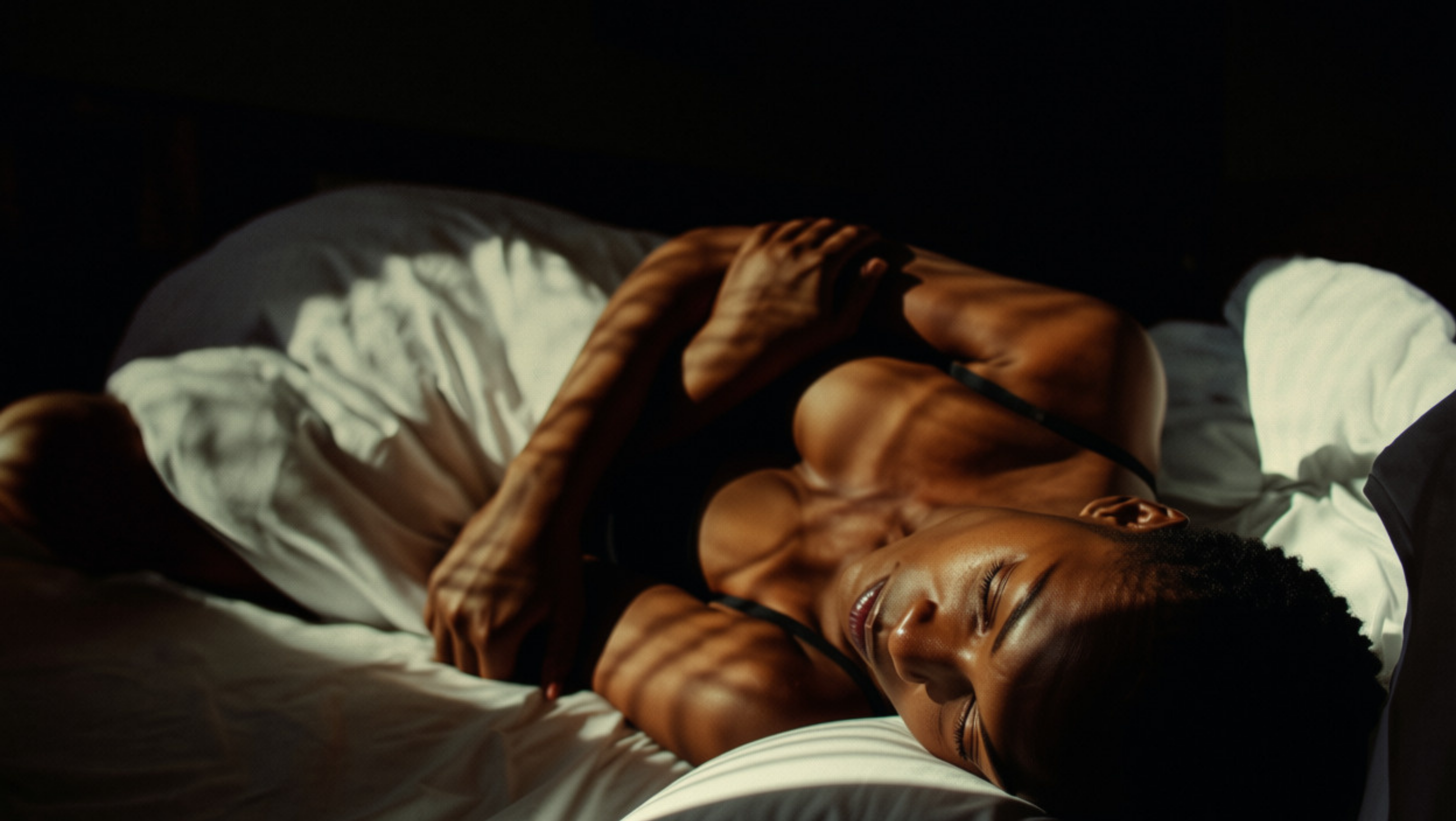 A woman lying in bed under dramatic, high-contrast sunlight and shadows, wearing a black bra and white bedding.