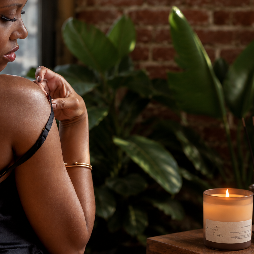 A woman in a black satin top is shown from behind in a warmly lit indoor setting with a brick wall and large green plants. In the foreground, a lit candle in a clear glass jar sits on a wooden surface next to a reed diffuser.