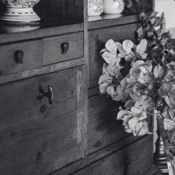 Black and white photo of a wooden dresser with decorative items and plants.