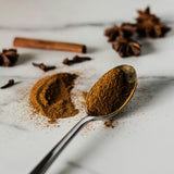 Cinnamon on a spoon with a pumpkin and star anise in the background