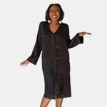 made in the softest washed silk charmeuse, this hidden button front night dress can be worn as a robe or shirtdress , in and outside of the boudoir  belt loop is subtly and discretely hidden behind the back placket  complete with resting pockets  wear with a je mérite coordinating bottom or chemise  soft collar v-neck neckline subtle slits at sides removable belt sensual fit midi length  washed 100% silk charmeuse  designed and made in new york city, new york - available in 0/2-20/22