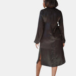 made in the softest washed silk charmeuse, this hidden button front night dress can be worn as a robe or shirtdress , in and outside of the boudoir  belt loop is subtly and discretely hidden behind the back placket  complete with resting pockets  wear with a je mérite coordinating bottom or chemise  soft collar v-neck neckline subtle slits at sides removable belt sensual fit midi length  washed 100% silk charmeuse  designed and made in new york city, new york - available in 0/2-20/22