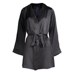 made in the softest washed silk charmeuse, this hidden button front shirt dress can be worn as a robe, pajama top or shirtdress, in and outside of the boudoir  belt loop is subtly and discretely hidden behind the back placket  complete with resting pockets  wear with a je mérite coordinating bottom or chemise  soft collar v-neck neckline subtle slits at sides removable belt sensual fit mini length  washed 100% silk charmeuse  designed and made in new york city, new york - available in 0/2-20/22