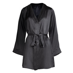 made in the softest washed silk charmeuse, this hidden button front shirt dress can be worn as a robe, pajama top or shirtdress, in and outside of the boudoir  belt loop is subtly and discretely hidden behind the back placket  complete with resting pockets  wear with a je mérite coordinating bottom or chemise  soft collar v-neck neckline subtle slits at sides removable belt sensual fit mini length  washed 100% silk charmeuse  designed and made in new york city, new york - available in 0/2-20/22