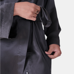 made in the softest washed silk charmeuse, this hidden button front shirt dress can be worn as a robe, pajama top or shirtdress, in and outside of the boudoir  belt loop is subtly and discretely hidden behind the back placket  complete with resting pockets  wear with a je mérite coordinating bottom or chemise  soft collar v-neck neckline subtle slits at sides removable belt sensual fit mini length  washed 100% silk charmeuse  designed and made in new york city, new york - available in 0/2-20/22