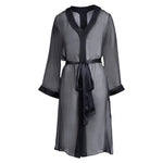 made from silk chiffon, this hidden button front nightdress can be worn open or fully buttoned, in and outside of the boudoir as a robe or a shirtdress (shirt dress)  belt loop is subtly and discretely hidden behind the back placket  complete with resting pockets  wear with a je mérite coordinating bottom or chemise  soft collar v-neck neckline subtle slits at sides sensual fit midi length 100% silk chiffon charmeuse designed and made in new york city, new york - available in 0/2-20/22