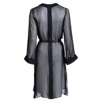 made from silk chiffon, this hidden button front nightdress can be worn open or fully buttoned, in and outside of the boudoir as a robe or a shirtdress (shirt dress)  belt loop is subtly and discretely hidden behind the back placket  complete with resting pockets  wear with a je mérite coordinating bottom or chemise  soft collar v-neck neckline subtle slits at sides sensual fit midi length 100% silk chiffon charmeuse designed and made in new york city, new york - available in 0/2-20/22