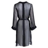 made from silk chiffon, this hidden button front nightdress can be worn open or fully buttoned, in and outside of the boudoir as a robe or a shirtdress (shirt dress)  belt loop is subtly and discretely hidden behind the back placket  complete with resting pockets  wear with a je mérite coordinating bottom or chemise  soft collar v-neck neckline subtle slits at sides sensual fit midi length 100% silk chiffon charmeuse designed and made in new york city, new york - available in 0/2-20/22