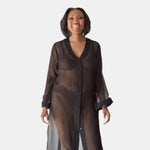 made from silk chiffon, this hidden button front nightdress can be worn open or fully buttoned, in and outside of the boudoir as a robe or a shirtdress (shirt dress)  belt loop is subtly and discretely hidden behind the back placket  complete with resting pockets  wear with a je mérite coordinating bottom or chemise  soft collar v-neck neckline subtle slits at sides sensual fit midi length 100% silk chiffon charmeuse designed and made in new york city, new york - available in 0/2-20/22