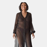 made from silk chiffon, this hidden button front nightdress can be worn open or fully buttoned, in and outside of the boudoir as a robe or a shirtdress (shirt dress)  belt loop is subtly and discretely hidden behind the back placket  complete with resting pockets  wear with a je mérite coordinating bottom or chemise  soft collar v-neck neckline subtle slits at sides sensual fit midi length 100% silk chiffon charmeuse designed and made in new york city, new york - available in 0/2-20/22
