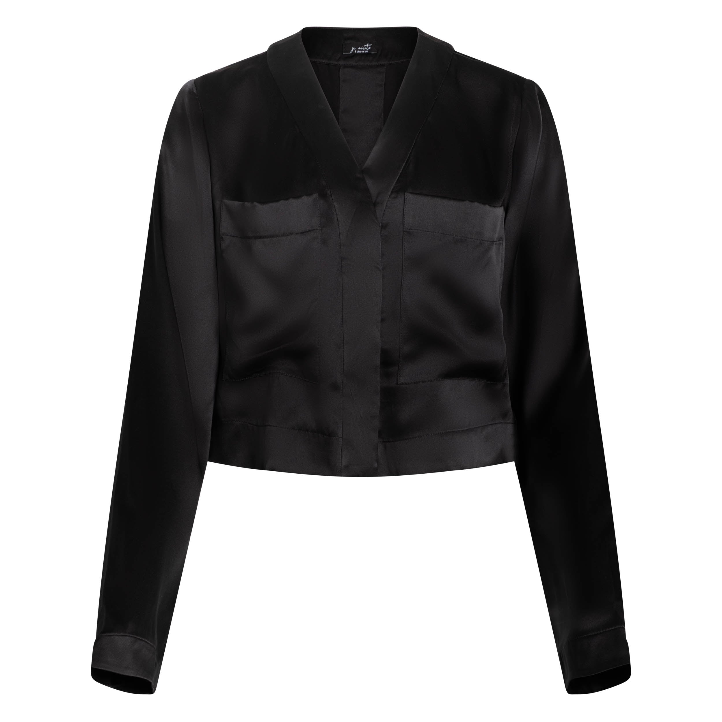 made in the softest washed silk charmeuse, this hidden button front cropped sleep shirt can be worn as a pajama top or shirt, in and outside of the boudoir wear with a je mérite coordinating bottom  soft collar v-neck neckline subtle slits at sides cropped just below the belly button  washed 100% silk charmeuse  designed and made in new york city, new york - available in 0/2-20/22
