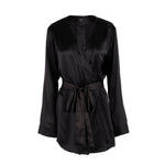 wear as a duster or a wrap robe wear as soft suiting, mini dress, blazer dress  slits at either side for access to pockets  made in the softest washed silk charmeuse  wear barefoot, with a soft fuzzy slipper for a night in, or a strappy heel for a night on the town  soft collar belt (removable at hidden back loop) relaxed fit mini length  washed 100% silk charmeuse designed and made in new york city, new york - available in 0/2-20/22