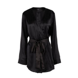 wear as a duster or a wrap robe wear as soft suiting, mini dress, blazer dress  slits at either side for access to pockets  made in the softest washed silk charmeuse  wear barefoot, with a soft fuzzy slipper for a night in, or a strappy heel for a night on the town  soft collar belt (removable at hidden back loop) relaxed fit mini length  washed 100% silk charmeuse designed and made in new york city, new york - available in 0/2-20/22