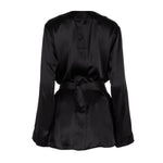 wear as a duster or a wrap robe wear as soft suiting, mini dress, blazer dress  slits at either side for access to pockets  made in the softest washed silk charmeuse  wear barefoot, with a soft fuzzy slipper for a night in, or a strappy heel for a night on the town  soft collar belt (removable at hidden back loop) relaxed fit mini length  washed 100% silk charmeuse designed and made in new york city, new york - available in 0/2-20/22