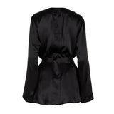 wear as a duster or a wrap robe wear as soft suiting, mini dress, blazer dress  slits at either side for access to pockets  made in the softest washed silk charmeuse  wear barefoot, with a soft fuzzy slipper for a night in, or a strappy heel for a night on the town  soft collar belt (removable at hidden back loop) relaxed fit mini length  washed 100% silk charmeuse designed and made in new york city, new york - available in 0/2-20/22
