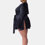 wear as a duster or a wrap robe wear as soft suiting, mini dress, blazer dress  slits at either side for access to pockets  made in the softest washed silk charmeuse  wear barefoot, with a soft fuzzy slipper for a night in, or a strappy heel for a night on the town  soft collar belt (removable at hidden back loop) relaxed fit mini length  washed 100% silk charmeuse designed and made in new york city, new york - available in 0/2-20/22