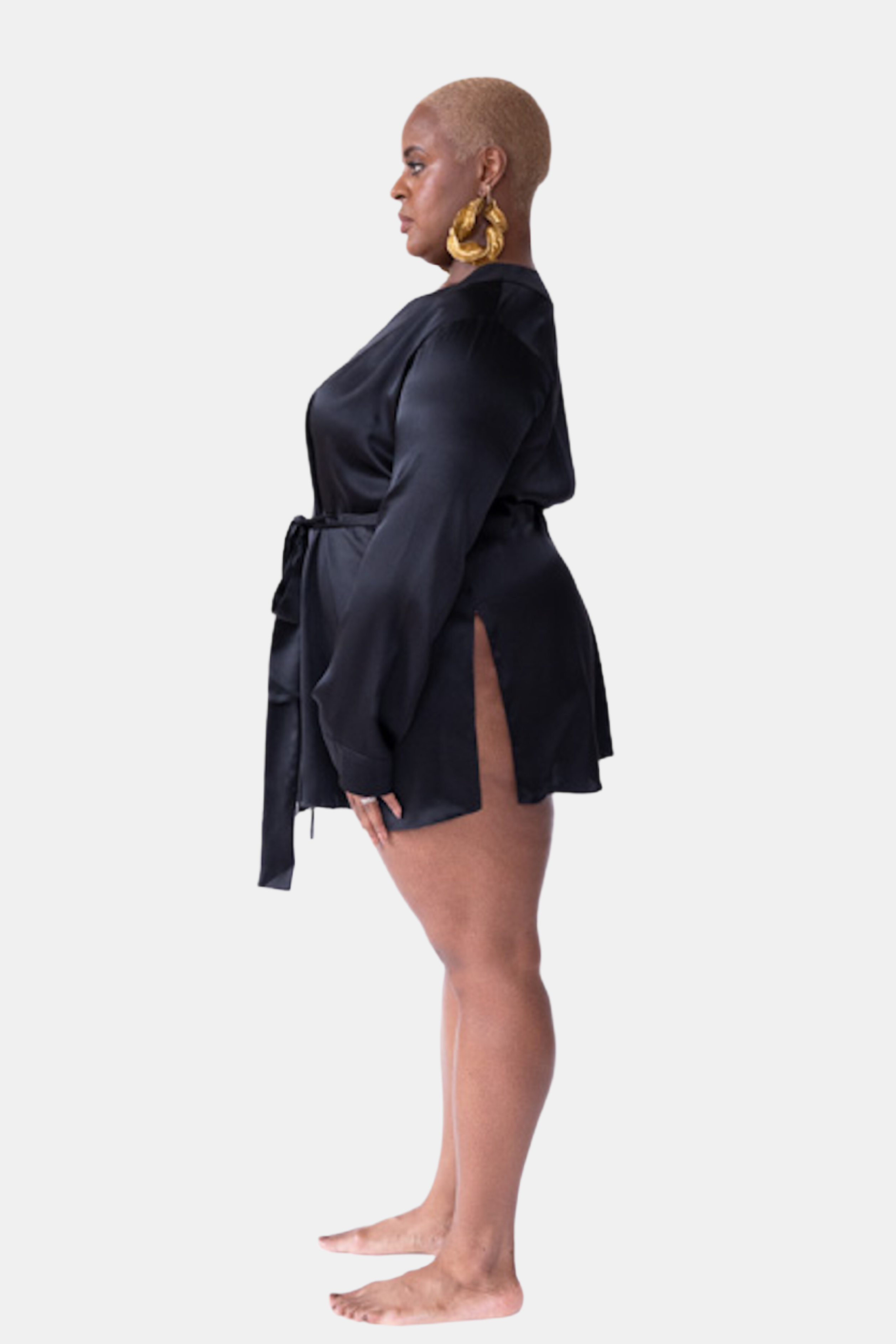 wear as a duster or a wrap robe wear as soft suiting, mini dress, blazer dress  slits at either side for access to pockets  made in the softest washed silk charmeuse  wear barefoot, with a soft fuzzy slipper for a night in, or a strappy heel for a night on the town  soft collar belt (removable at hidden back loop) relaxed fit mini length  washed 100% silk charmeuse designed and made in new york city, new york - available in 0/2-20/22