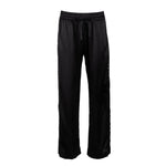 made in the softest washed silk charmeuse, this tuxedo pajama pant has an elastic waistband and drawstring closure  wear with a je mérite coordinating top or your favorite lingerie  wide elastic waist with drawstring closure pockets sits at natural waist tuxedo panels wide leg  washed 100% silk charmeuse designed and made in new york city, new york - available in 0/2-20/22