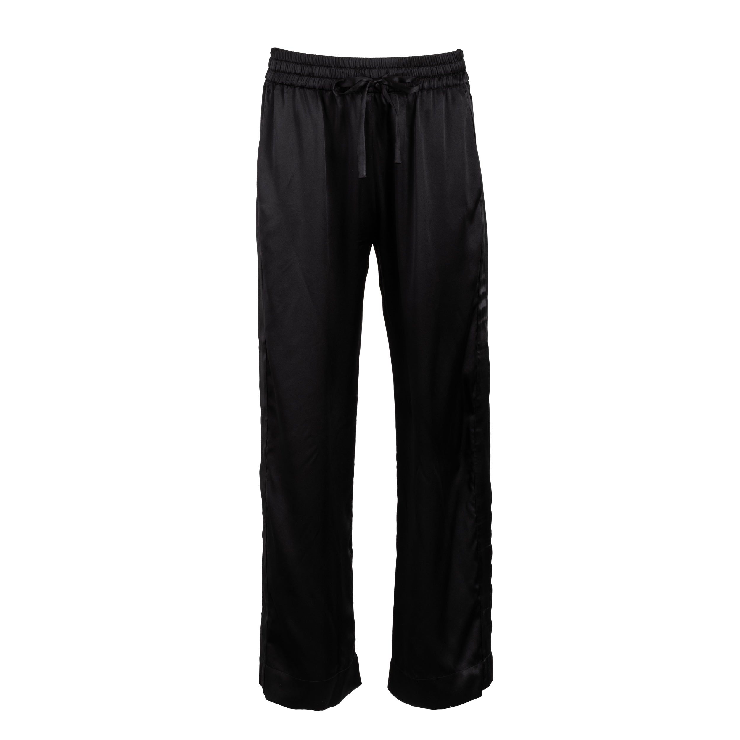 made in the softest washed silk charmeuse, this tuxedo pajama pant has an elastic waistband and drawstring closure  wear with a je mérite coordinating top or your favorite lingerie  wide elastic waist with drawstring closure pockets sits at natural waist tuxedo panels wide leg  washed 100% silk charmeuse designed and made in new york city, new york - available in 0/2-20/22