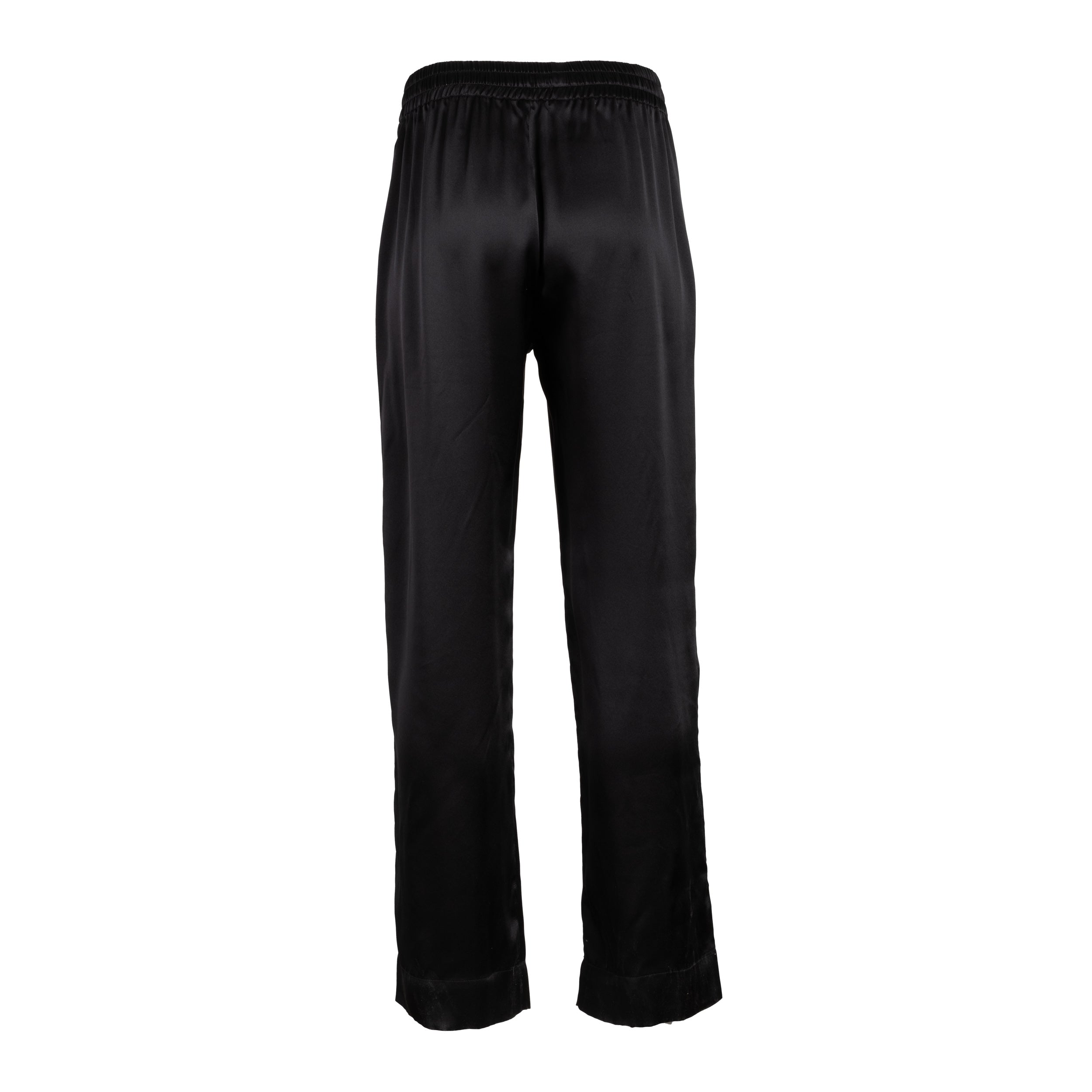 made in the softest washed silk charmeuse, this tuxedo pajama pant has an elastic waistband and drawstring closure  wear with a je mérite coordinating top or your favorite lingerie  wide elastic waist with drawstring closure pockets sits at natural waist tuxedo panels wide leg  washed 100% silk charmeuse designed and made in new york city, new york - available in 0/2-20/22