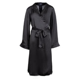 made in the softest washed silk charmeuse, this double-breasted wrap robe has long bell sleeves  wear barefoot, with a soft fuzzy slipper for a night in, or a strappy heel for a night on the town  soft collar wrap belt (not removable) relaxed fit midi length  washed 100% silk charmeuse  designed in new york city, new york made in new york city, new york   size details - available in 0/2-20/22