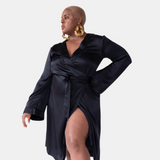 made in the softest washed silk charmeuse, this double-breasted wrap robe has long bell sleeves  wear barefoot, with a soft fuzzy slipper for a night in, or a strappy heel for a night on the town  soft collar wrap belt (not removable) relaxed fit midi length  washed 100% silk charmeuse  designed in new york city, new york made in new york city, new york   size details - available in 0/2-20/22